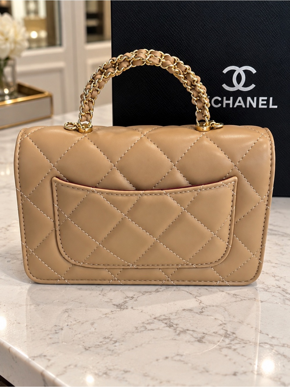 Quilted Top-Handle Shoulder Bag in Camel - Picture 4 of 6